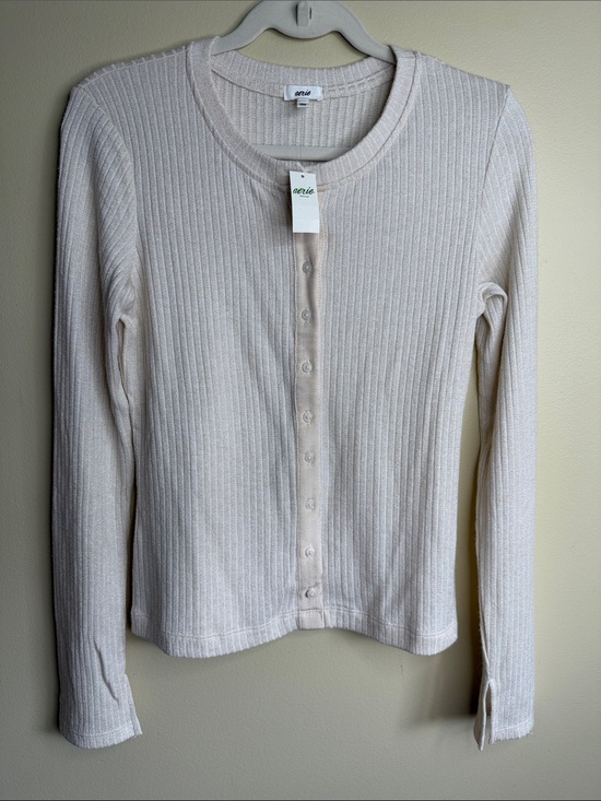 aerie Sweaters - Aerie M Cream Metallic Ribbed Button Front Cardigan Sweater NWT